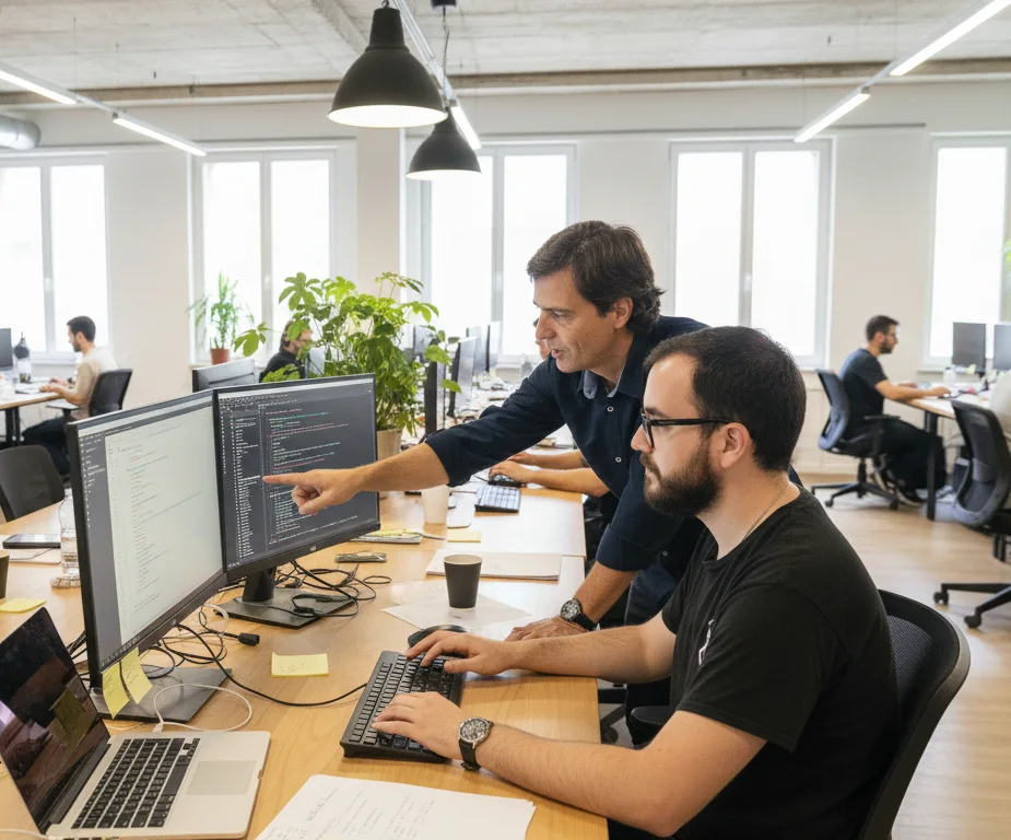 Equipo de desarrollo de software colaborando; líder técnico señala código en doble monitor en oficina moderna